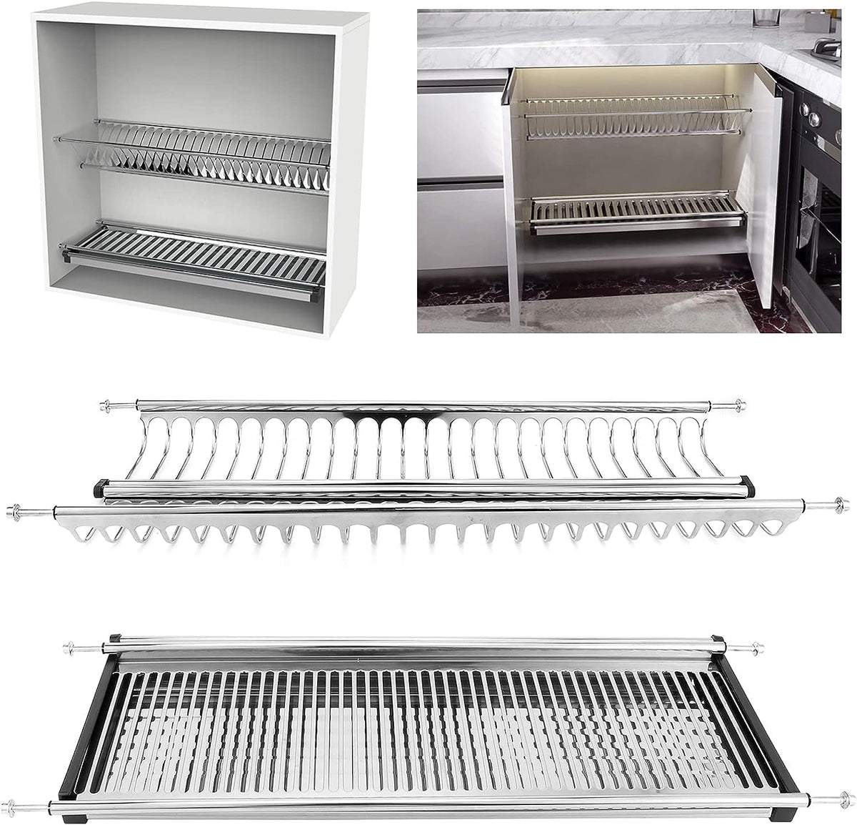 VI.TEL. Kit Scolapiatti Acciaio Inox 18/10 con Supporto Vasca 96 cm per pensile da 100 cm griglia portapiatti H0127 52