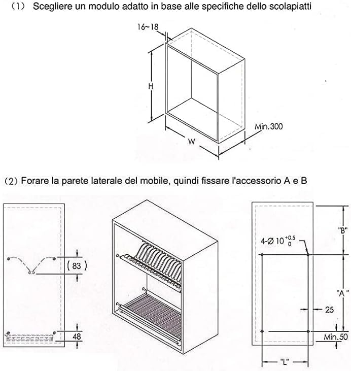 VI.TEL. Kit Scolapiatti Acciaio Inox 18/10 con Supporto Vasca 96 cm per pensile da 100 cm griglia portapiatti H0127 52
