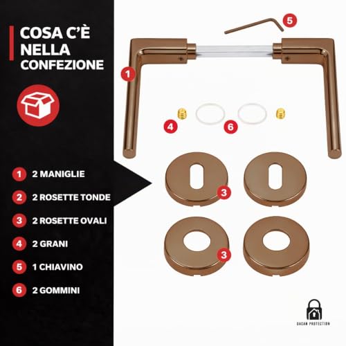 DACAN PROTECTION Maniglie Porte Interne in Alluminio con Rosetta 45 mm, Set Completo con Accessori per Porte Legno Bagno Camera Ufficio, Facile da Installare