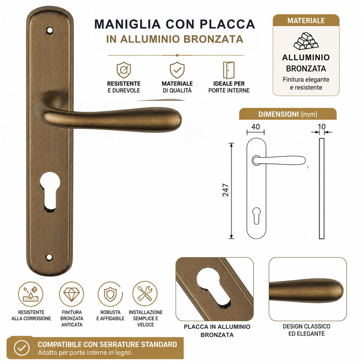 DACAN PROTECTION Maniglie Porte Interne con Placca in Alluminio e Foro Cilindro Europeo, Coppia Design Moderno per Porte in Legno