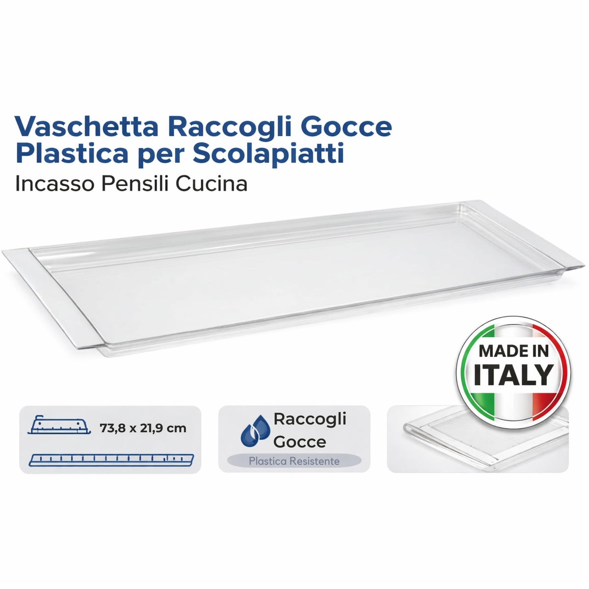 VI.TEL. Vaschetta Raccogli Gocce Plastica per Scolapiatti Incasso Pensili Cucina - Vassoio Sgocciolatoio 83,8 x 24 x 1,5 cm - Made in Italy