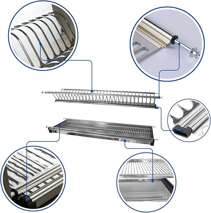 DACAN PROTECTION SCOLAPIATTI in acciaio inox 18/10 con vaschetta e portabicchieri 96 cm per pensile da 100 cm, griglia portapiatti, Elegante e Funzionale