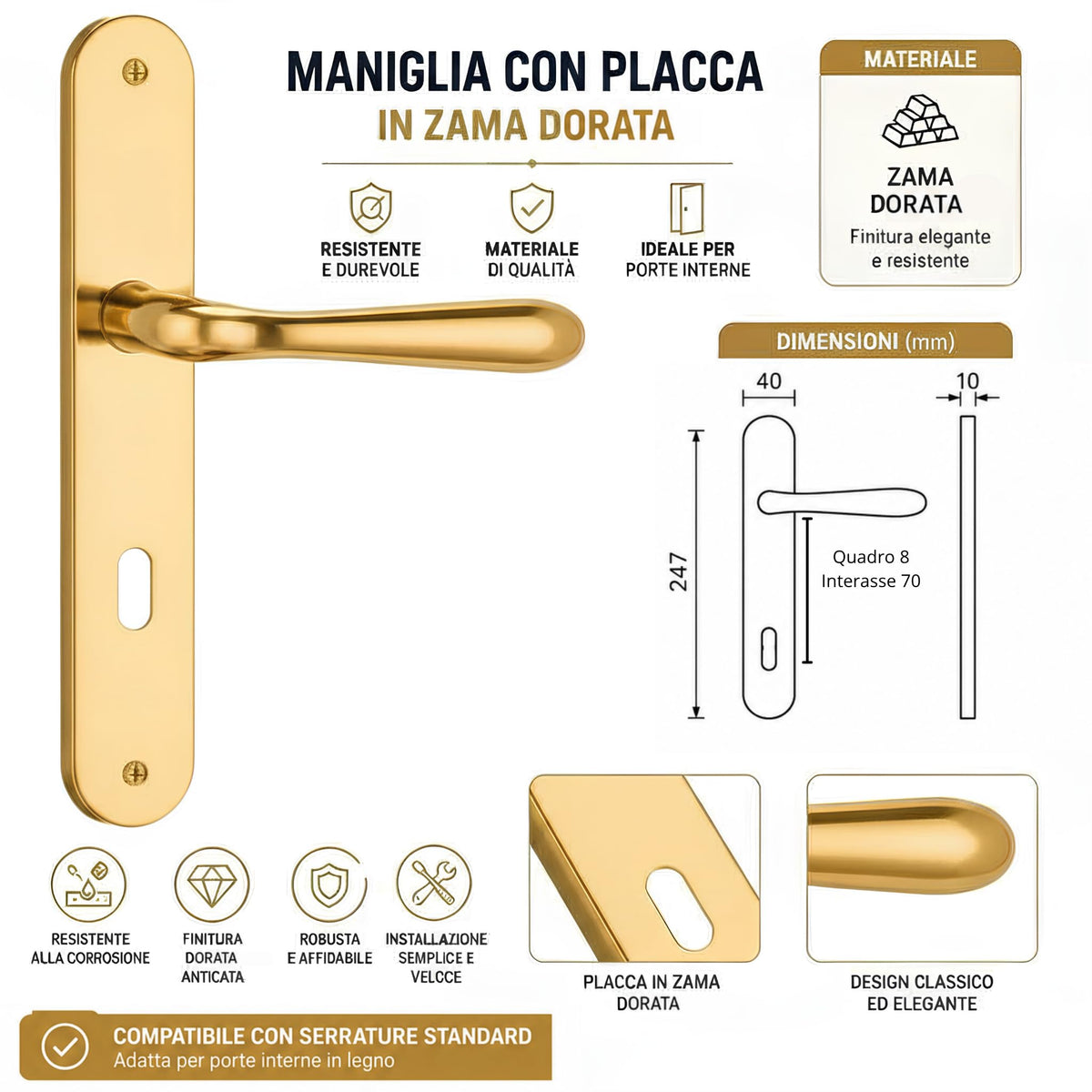 DACAN PROTECTION Maniglie Porte Interne con Placca in Zama 70 mm, Coppia Maniglia Porta Interna Design Moderno, Set Completo per Porte Legno, Installazione Facile