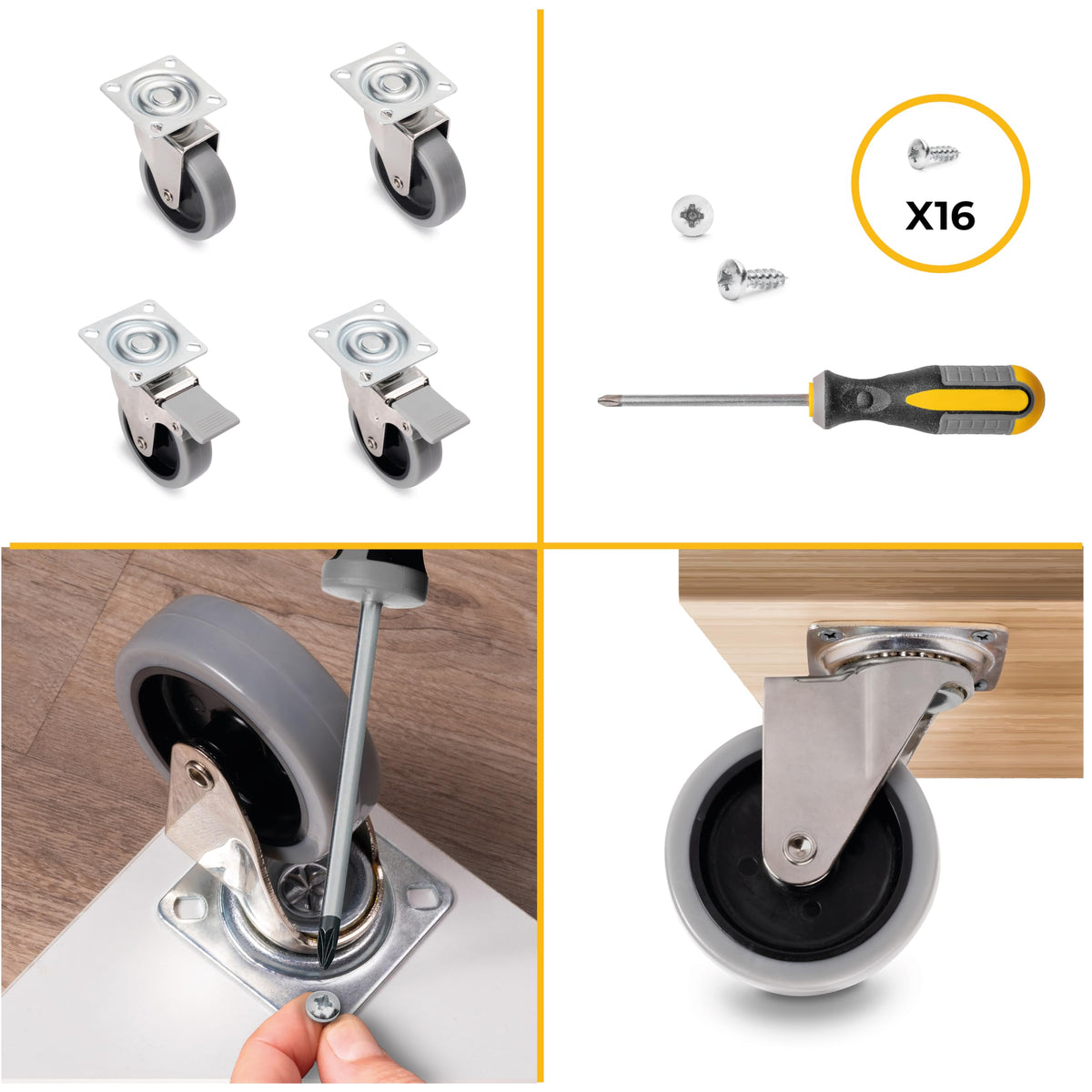 DACAN PROTECTION - Set di 4 rotelle diametro 50 mm: 2 ruote con freno e 2 ruote senza freno
