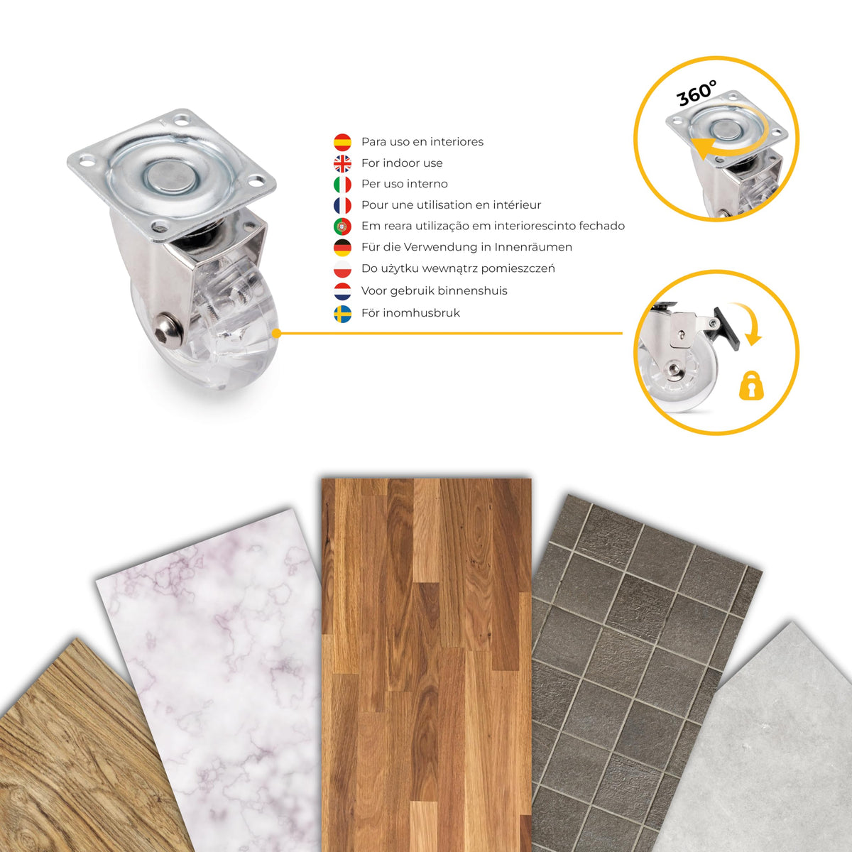 DACAN PROTECTION - Set di 4 rotelle diametro 50 mm: 2 ruote con freno e 2 ruote senza freno