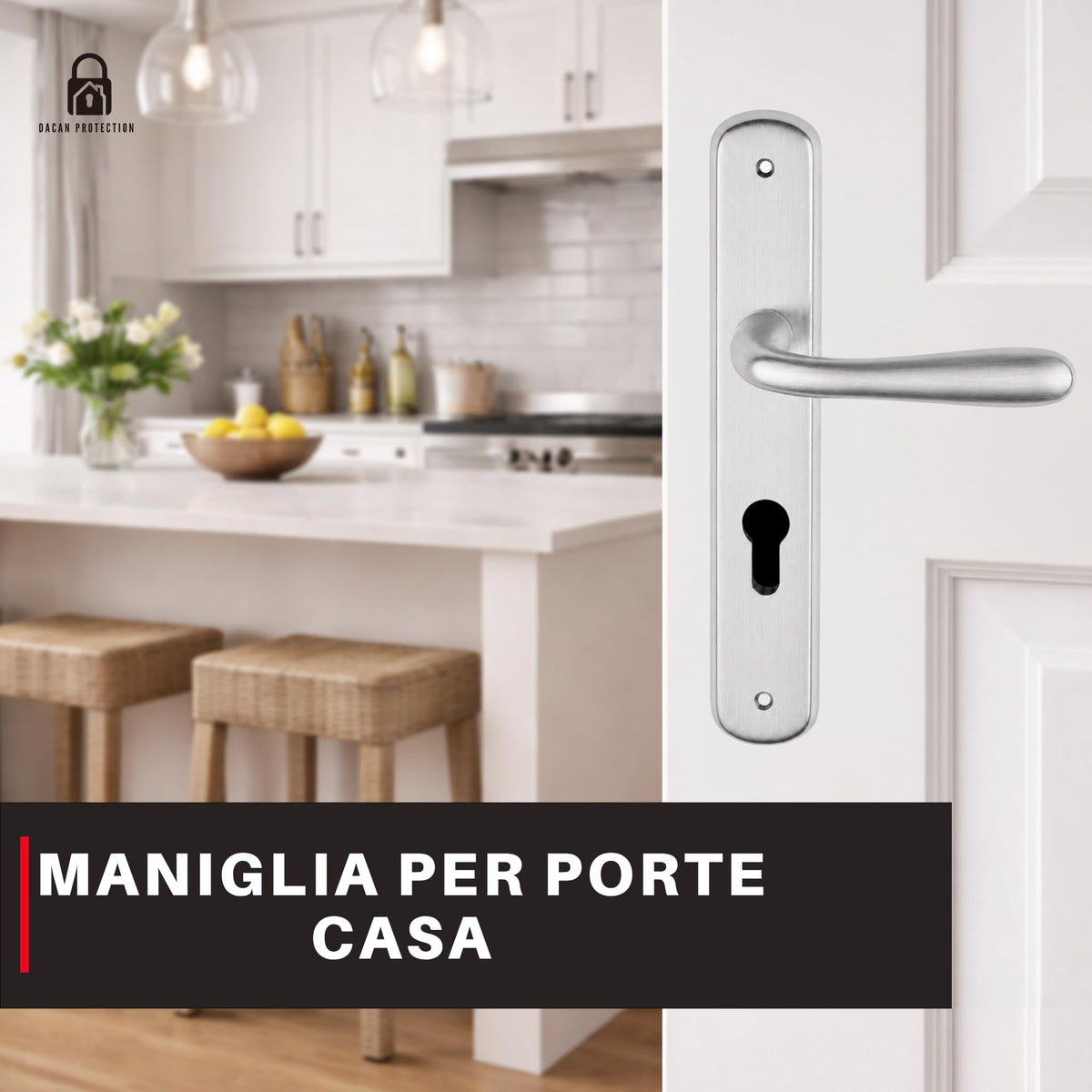 DACAN PROTECTION Maniglie Porte Interne con Placca in Alluminio e Foro Cilindro Europeo, Coppia Design Moderno per Porte in Legno