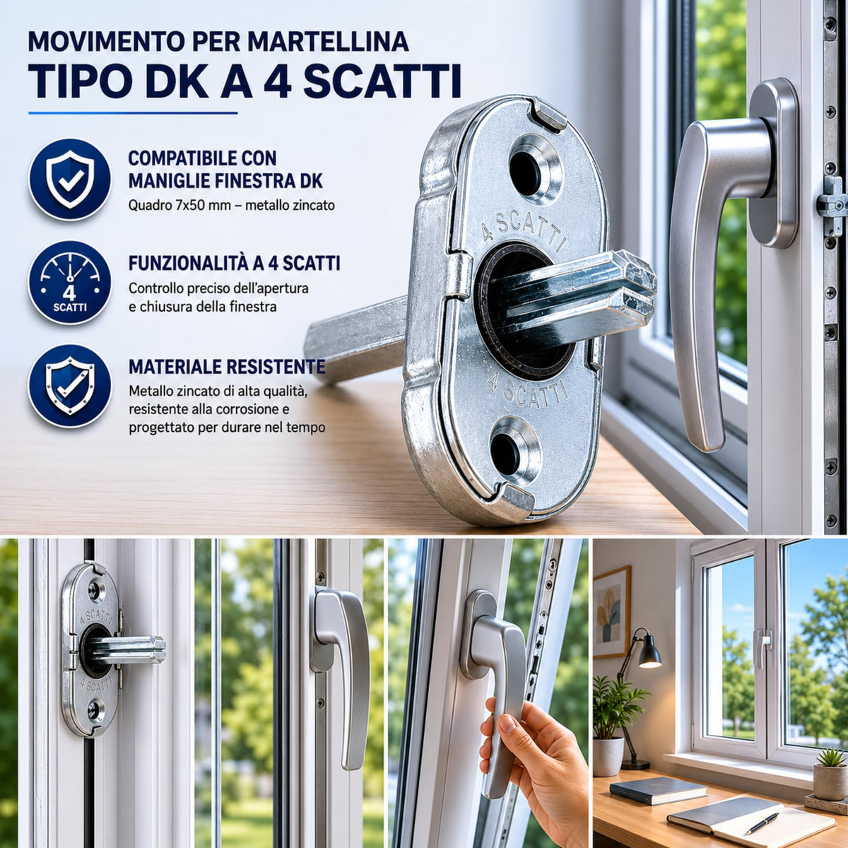 Titolo del prodotto: Movimento per Martellina Tipo DK a 4 Scatti – Compatibile con Maniglie Finestra – Quadro 7x50 mm – Metallo Zincato