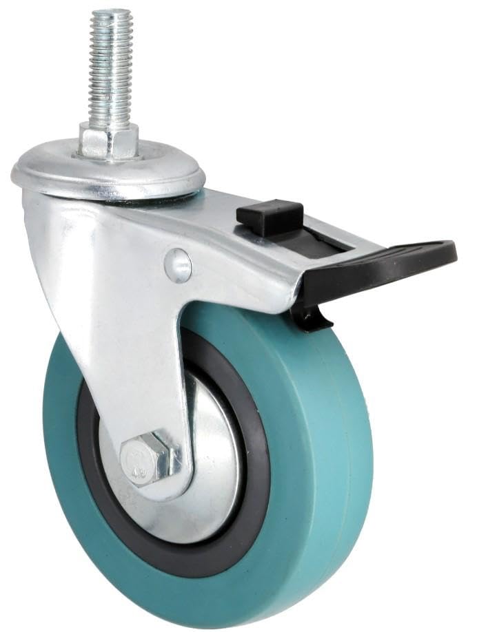 KIT 4 Ruote Girevoli con Freno Ø65 mm – Ruote in Gomma Grigia con Perno M10x30 – Portata 35 kg