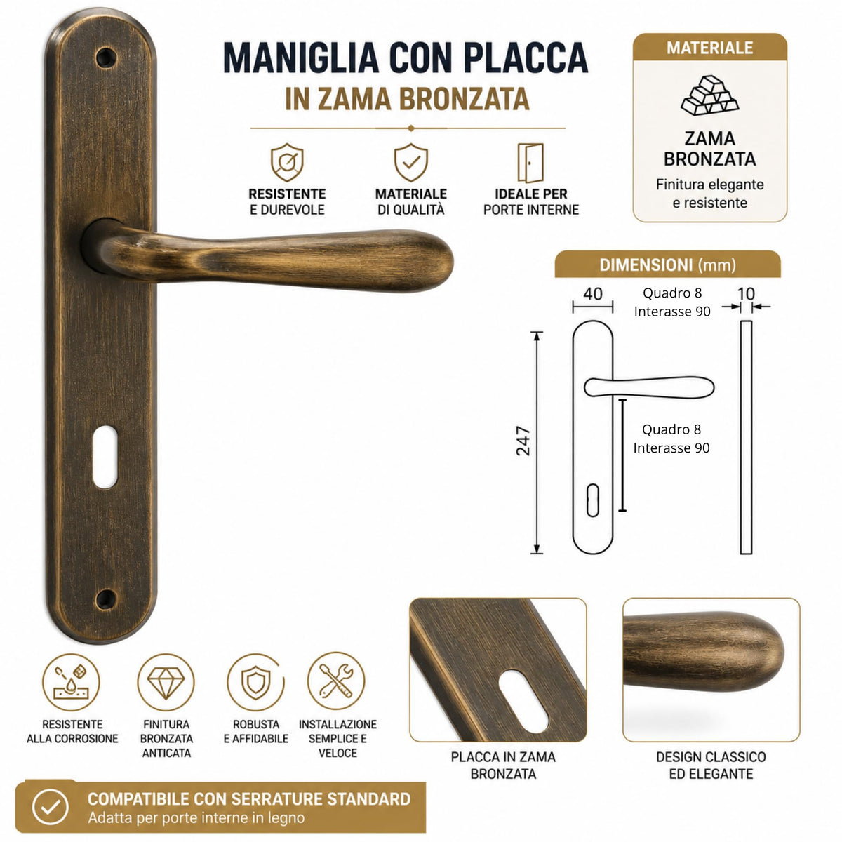 DACAN PROTECTION Maniglie Porte Interne con Placca in Zama 90 mm, Coppia Maniglia Porta Interna Design Moderno, Set Completo per Porte Legno, Installazione Facile