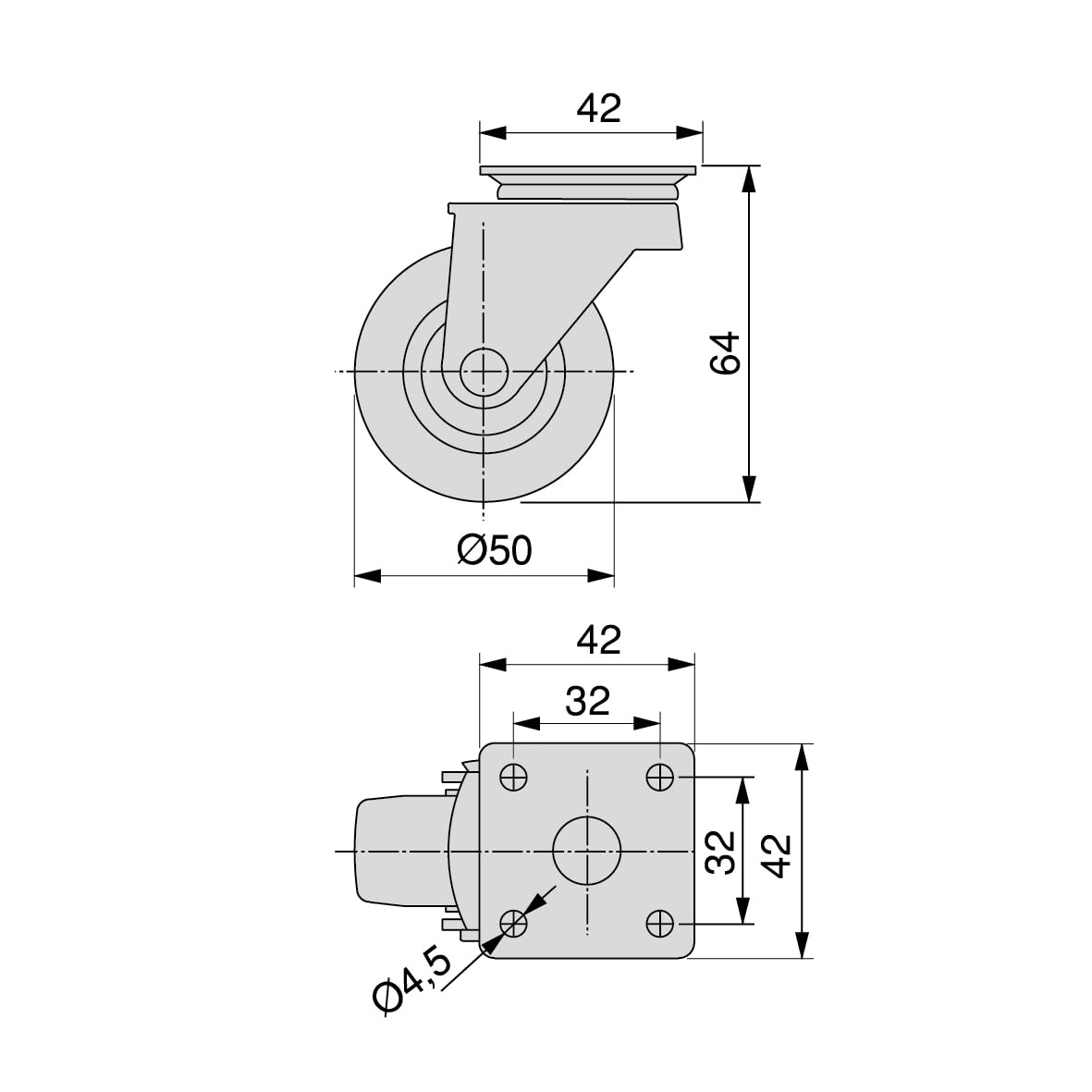 DACAN PROTECTION - Set di 4 rotelle diametro 50 mm: 2 ruote con freno e 2 ruote senza freno