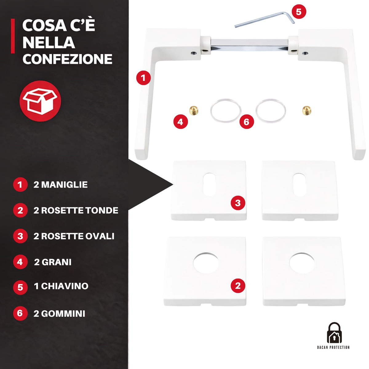 DACAN PROTECTION Maniglie Porte Interne con Rosetta 50 mm, Coppia Maniglia Porta Interna Design Moderno, Set Completo per Porte Legno, Installazione Facile