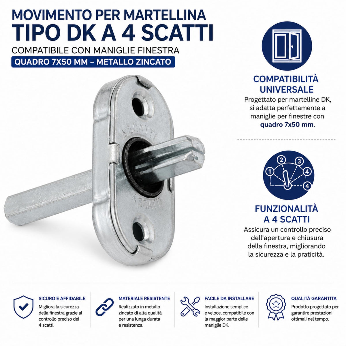 Titolo del prodotto: Movimento per Martellina Tipo DK a 4 Scatti – Compatibile con Maniglie Finestra – Quadro 7x50 mm – Metallo Zincato
