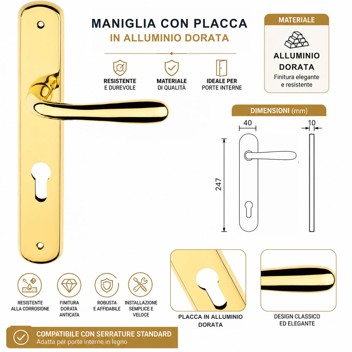 DACAN PROTECTION Maniglie Porte Interne con Placca in Alluminio e Foro Cilindro Europeo, Coppia Design Moderno per Porte in Legno