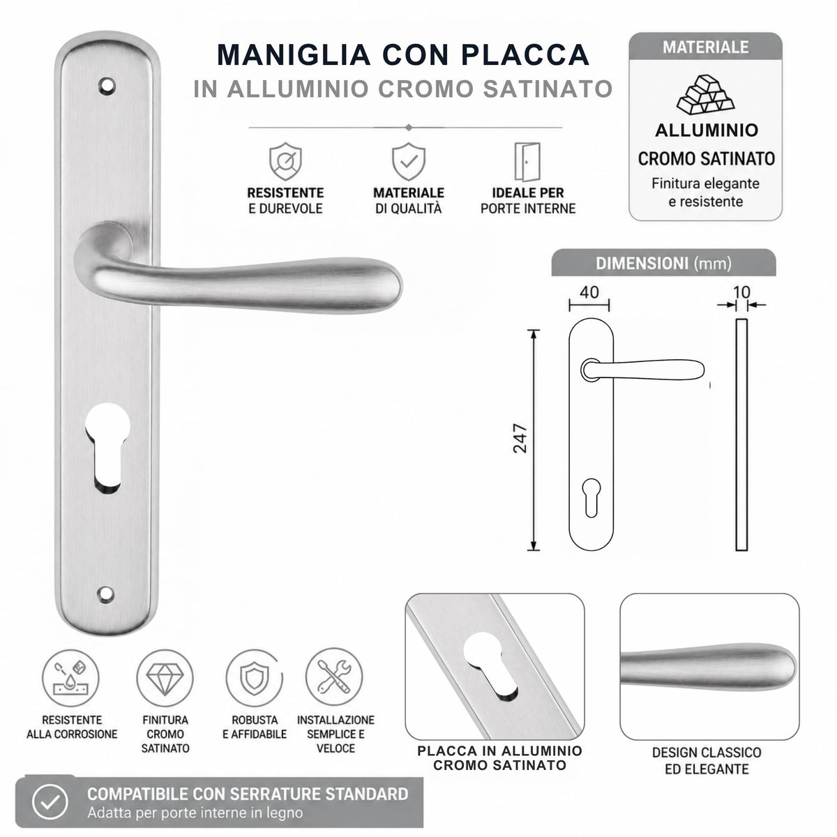 DACAN PROTECTION Maniglie Porte Interne con Placca in Alluminio e Foro Cilindro Europeo, Coppia Design Moderno per Porte in Legno