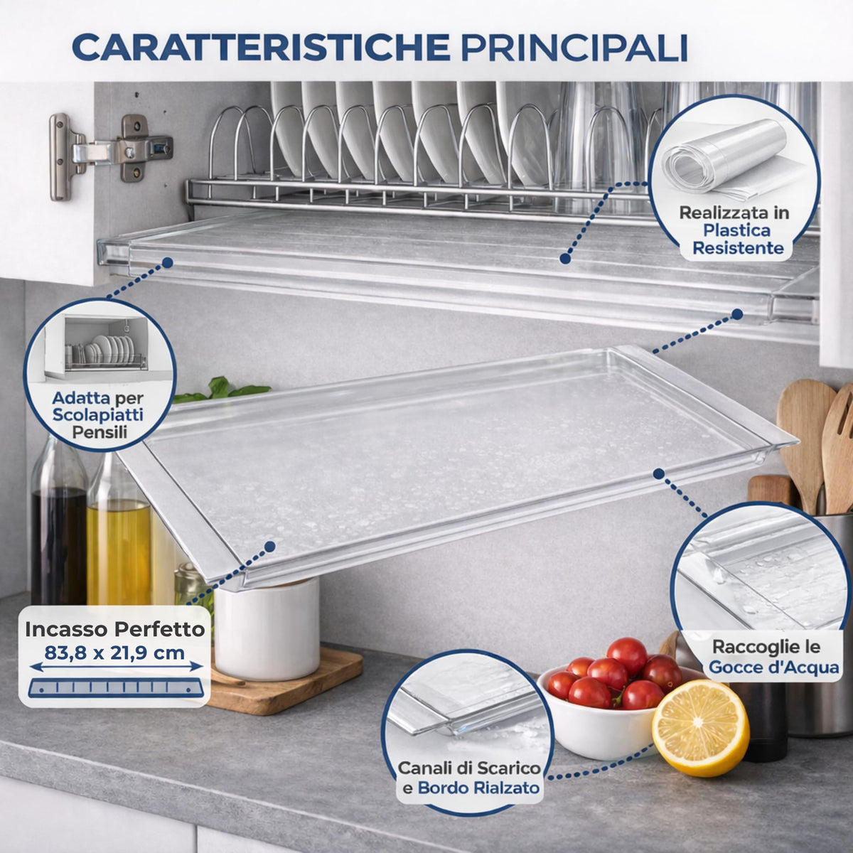 VI.TEL. Vaschetta Raccogli Gocce Plastica per Scolapiatti Incasso Pensili Cucina - Vassoio Sgocciolatoio 83,8 x 24 x 1,5 cm - Made in Italy