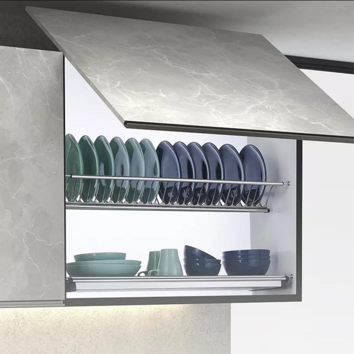 DACAN PROTECTION SCOLAPIATTI in acciaio inox 18/10 con vaschetta e portabicchieri 96 cm per pensile da 100 cm, griglia portapiatti, Elegante e Funzionale