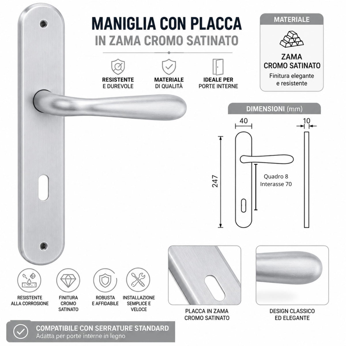 DACAN PROTECTION Maniglie Porte Interne con Placca in Zama 70 mm, Coppia Maniglia Porta Interna Design Moderno, Set Completo per Porte Legno, Installazione Facile