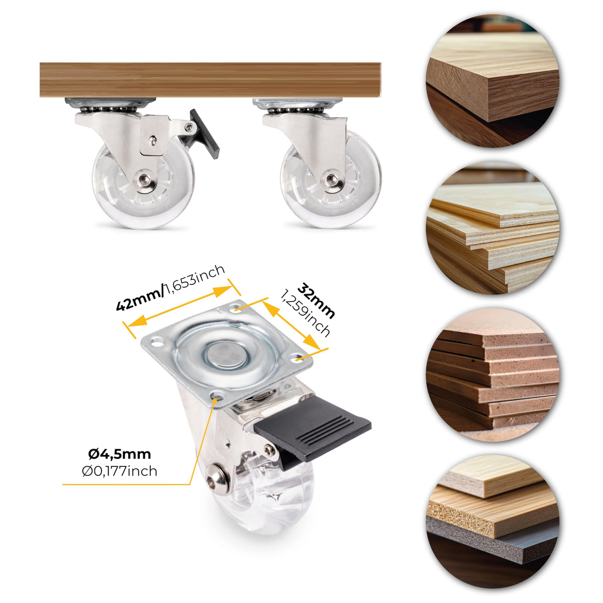 DACAN PROTECTION - Set di 4 rotelle diametro 50 mm: 2 ruote con freno e 2 ruote senza freno