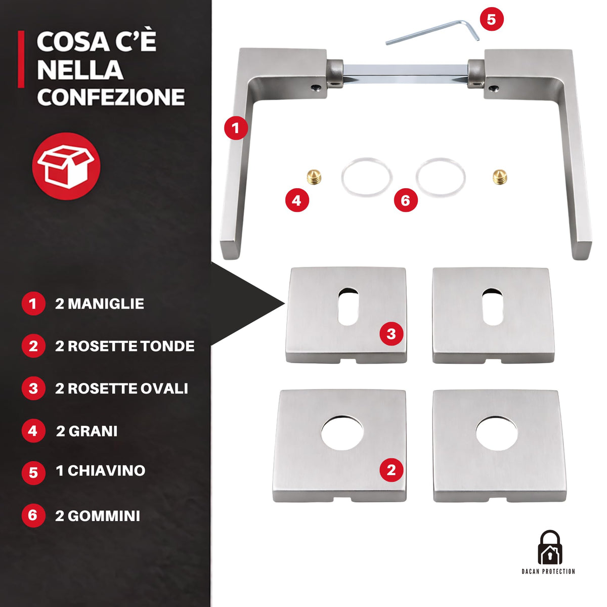 DACAN PROTECTION Coppia Maniglie Per Porte Interne, Maniglia porta interna stile moderno Quadrata, complete di fissaggio e bocchette (Cromo Satinato)