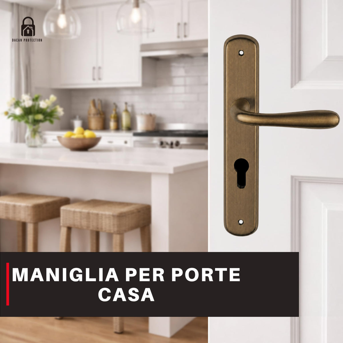 DACAN PROTECTION Maniglie Porte Interne con Placca in Alluminio e Foro Cilindro Europeo, Coppia Design Moderno per Porte in Legno