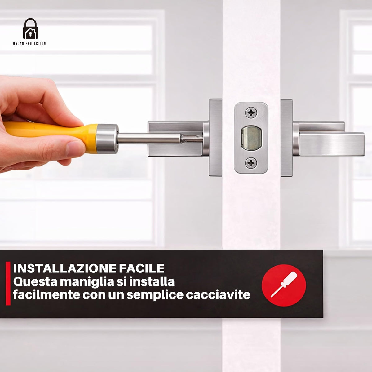DACAN PROTECTION Coppia Maniglie Per Porte Interne, Maniglia porta interna stile moderno Quadrata, complete di fissaggio e bocchette (Cromo Satinato)