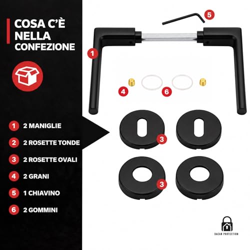 DACAN PROTECTION Maniglie Porte Interne in Alluminio con Rosetta 45 mm, Set Completo con Accessori per Porte Legno Bagno Camera Ufficio, Facile da Installare