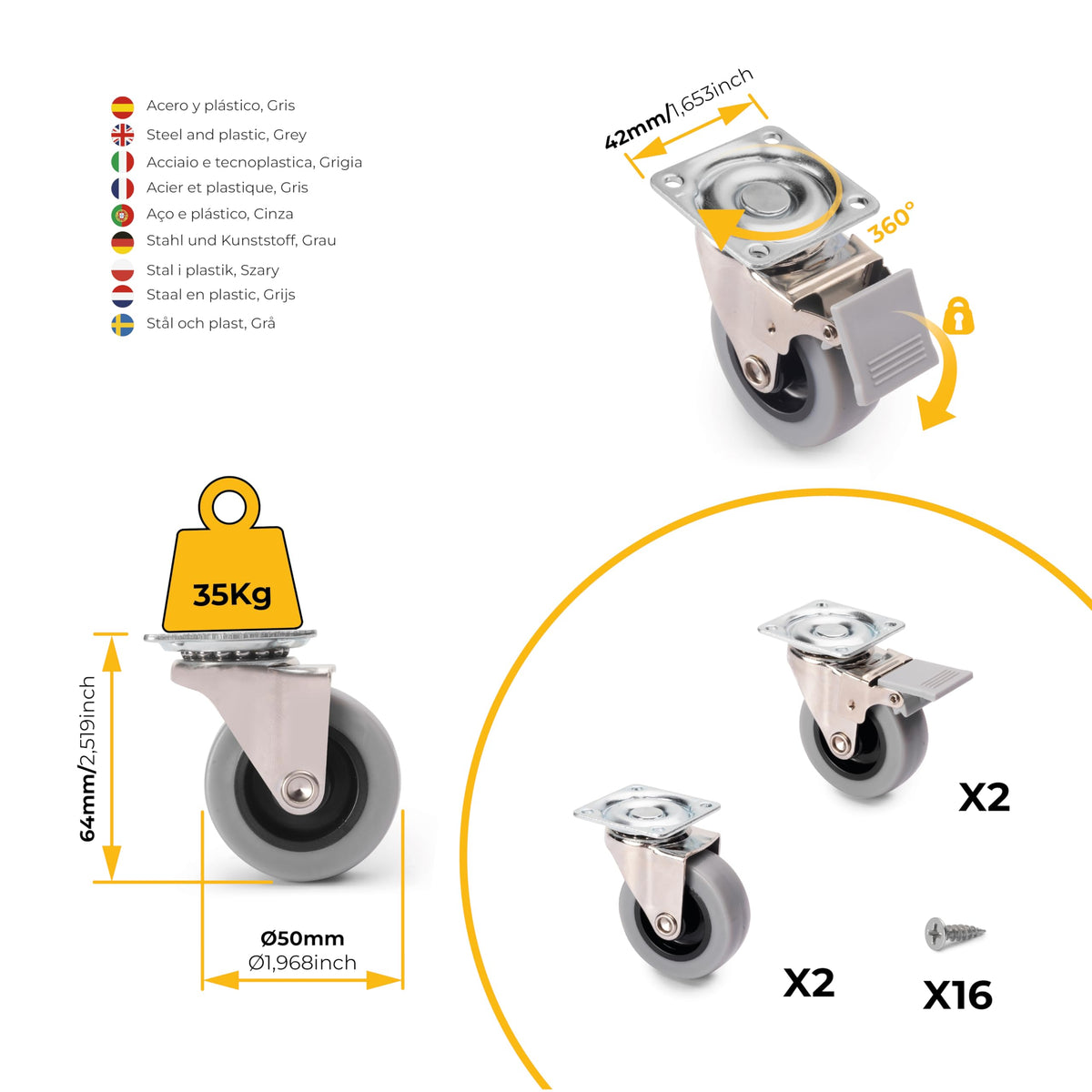 DACAN PROTECTION - Set di 4 rotelle diametro 50 mm: 2 ruote con freno e 2 ruote senza freno