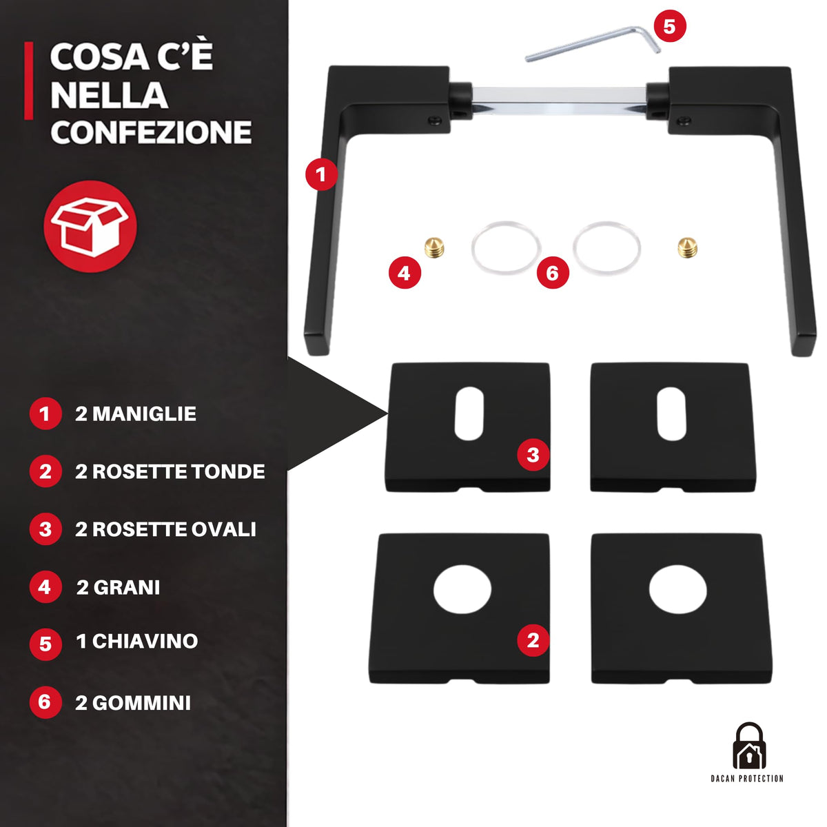DACAN PROTECTION Maniglie Porte Interne con Rosetta 50 mm, Coppia Maniglia Porta Interna Design Moderno, Set Completo per Porte Legno, Installazione Facile