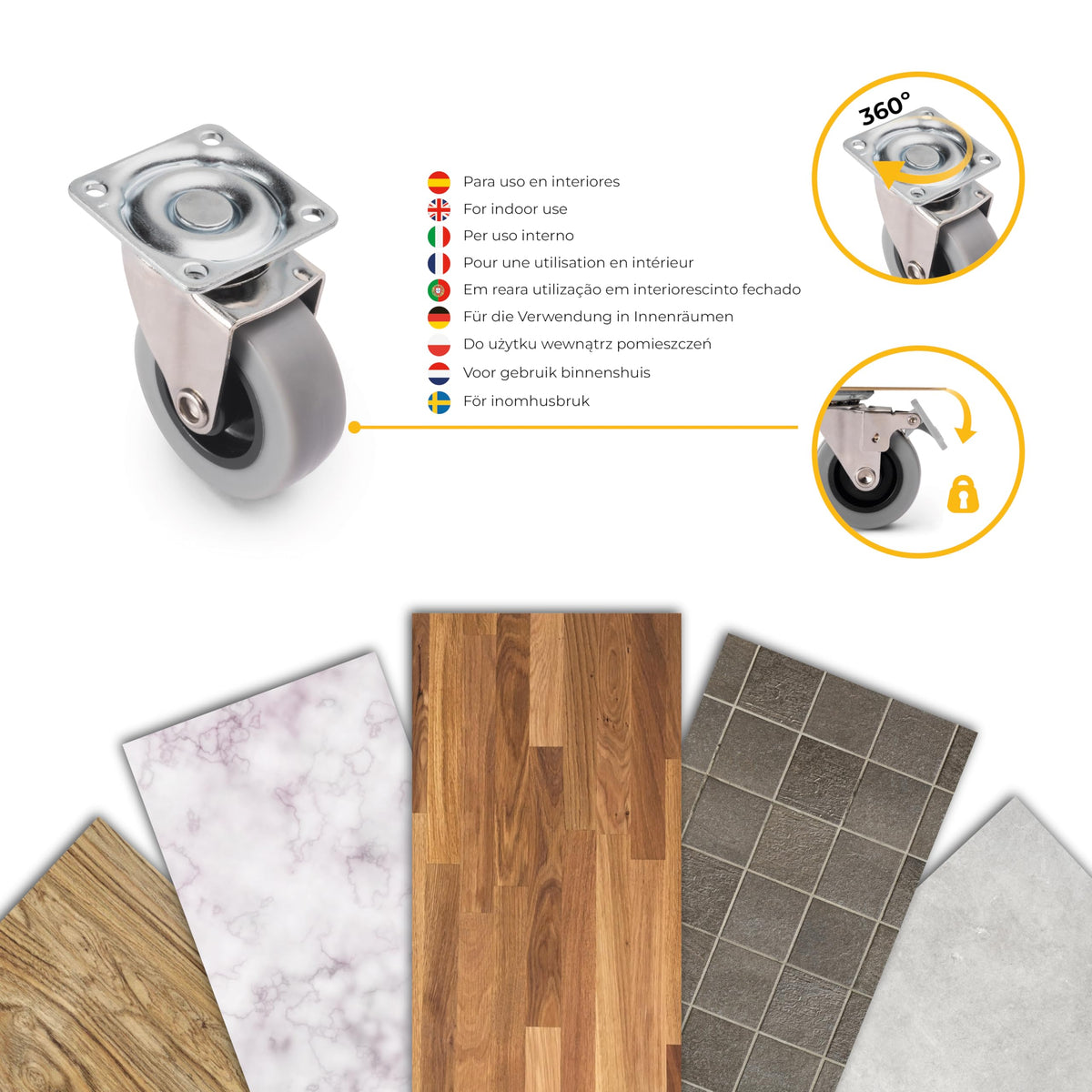 DACAN PROTECTION - Set di 4 rotelle diametro 50 mm: 2 ruote con freno e 2 ruote senza freno