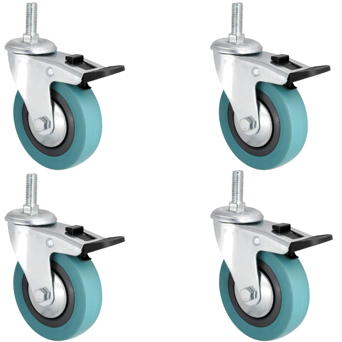 KIT 4 Ruote Girevoli con Freno Ø65 mm – Ruote in Gomma Grigia con Perno M10x30 – Portata 35 kg