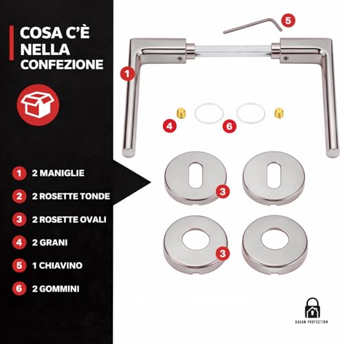 DACAN PROTECTION Maniglie Porte Interne in Alluminio con Rosetta 45 mm, Set Completo con Accessori per Porte Legno Bagno Camera Ufficio, Facile da Installare