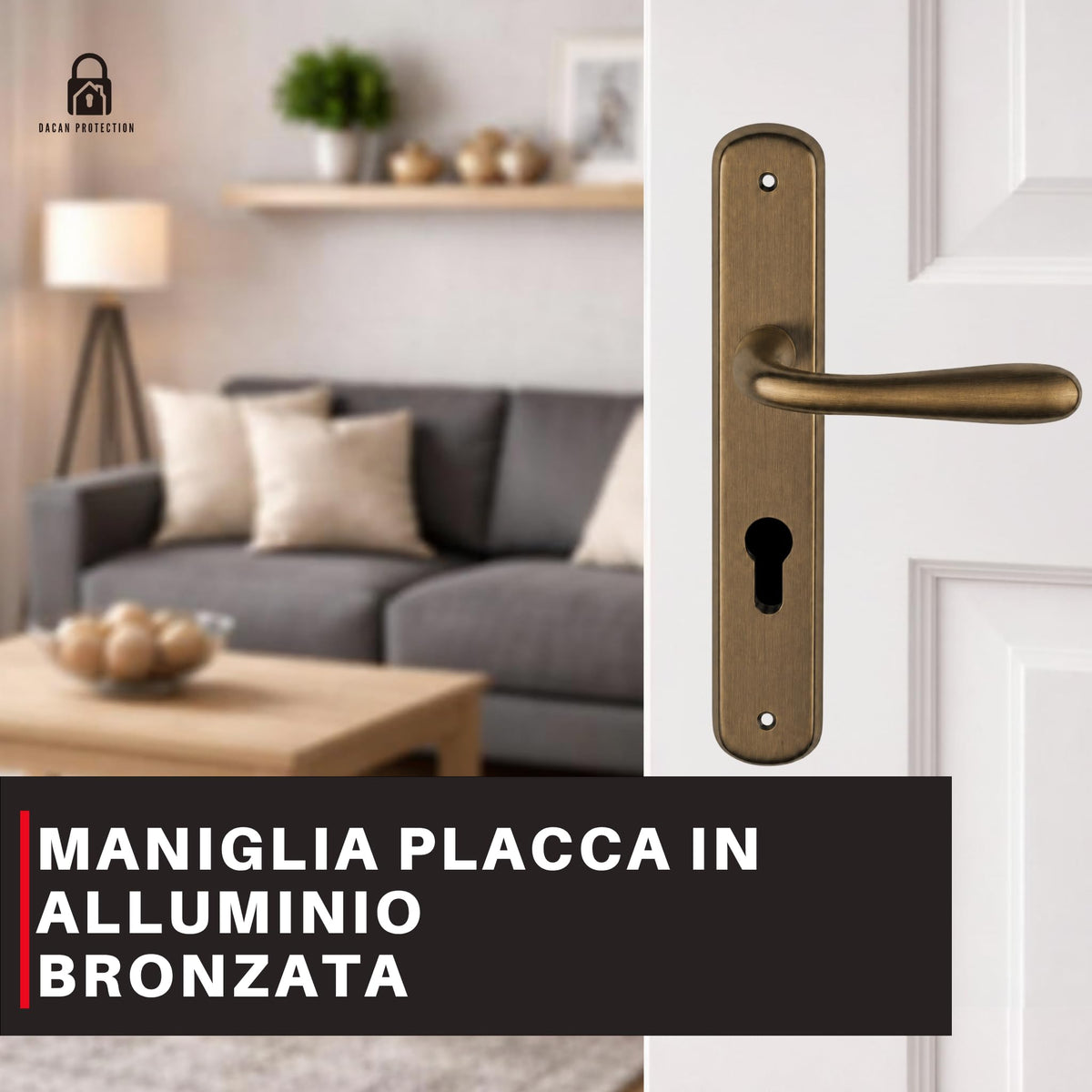 DACAN PROTECTION Maniglie Porte Interne con Placca in Alluminio e Foro Cilindro Europeo, Coppia Design Moderno per Porte in Legno