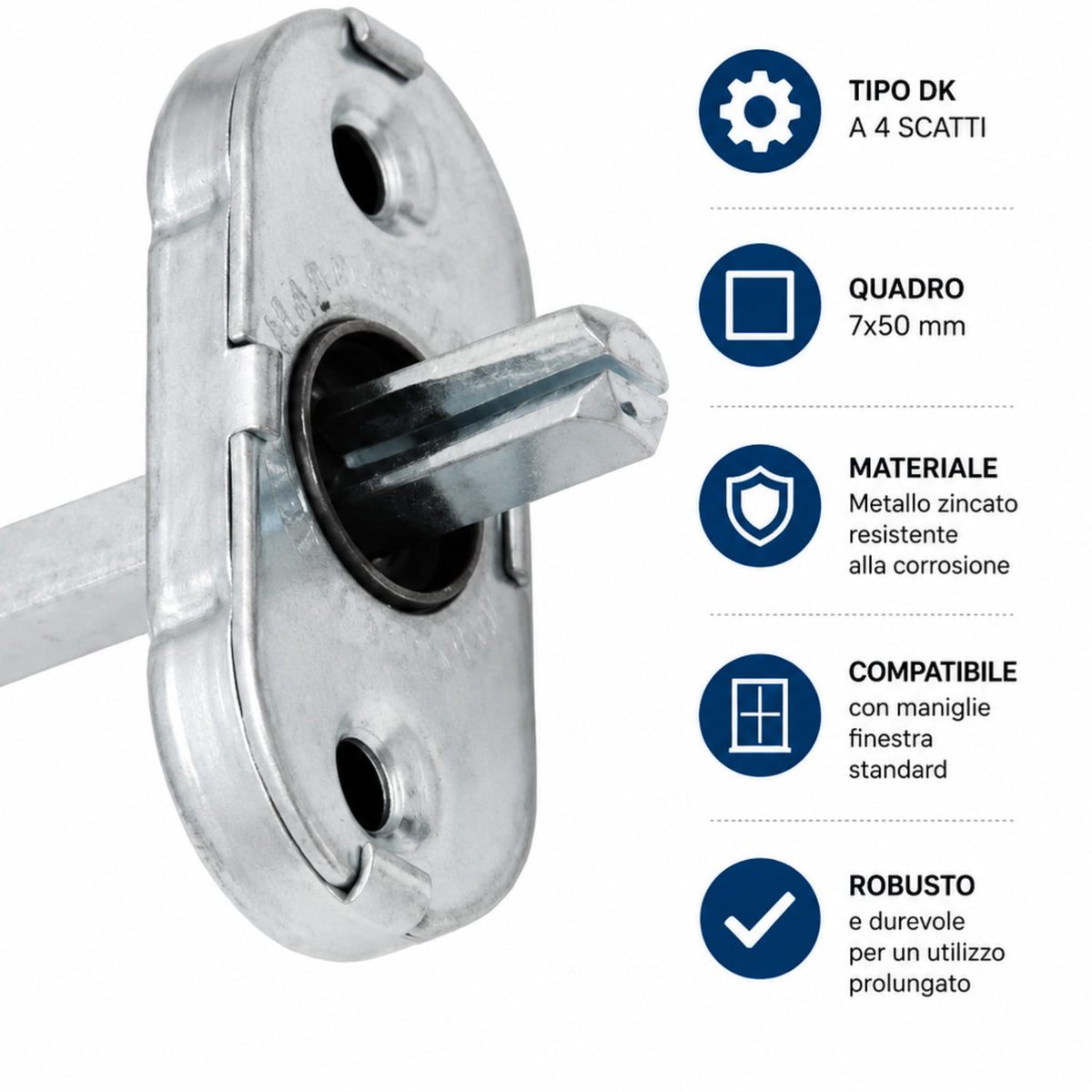 Titolo del prodotto: Movimento per Martellina Tipo DK a 4 Scatti – Compatibile con Maniglie Finestra – Quadro 7x50 mm – Metallo Zincato