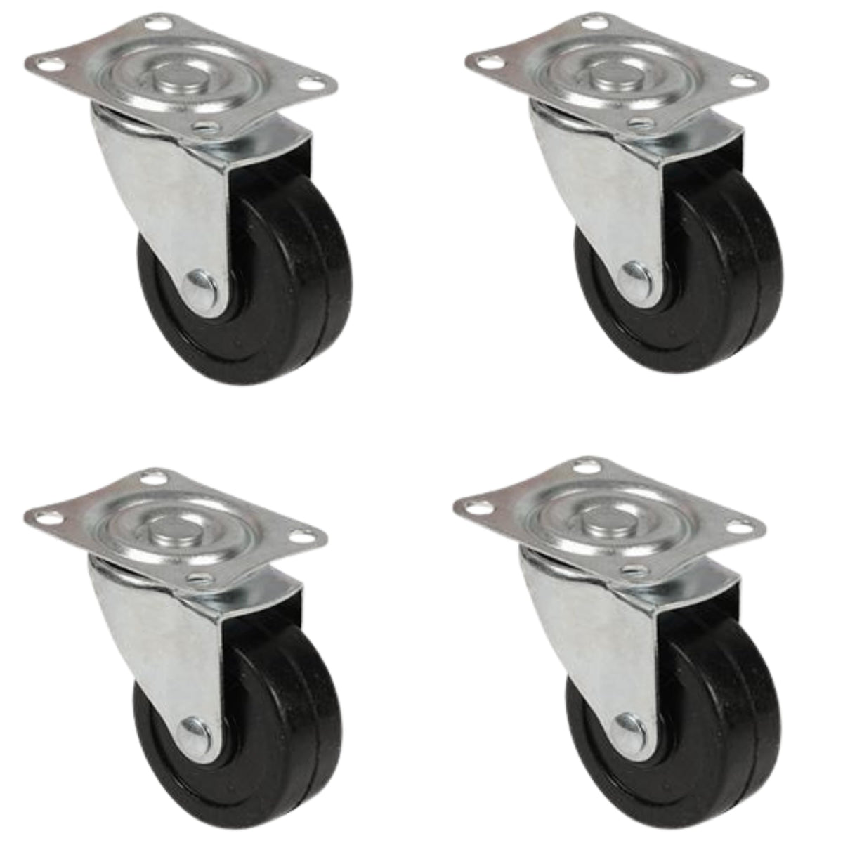 KIT 4 Ruote Girevoli Ø50 mm – Ruote in Gomma Nera con Piastra – Portata 30 kg